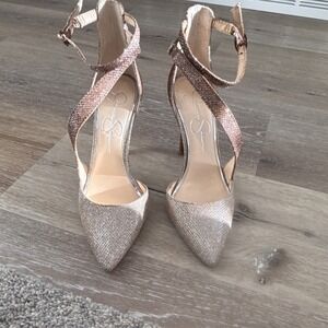 Jessica Simpson Gold Glitter Strappy Ankle Strap Pointed Toe Stiletto Heels